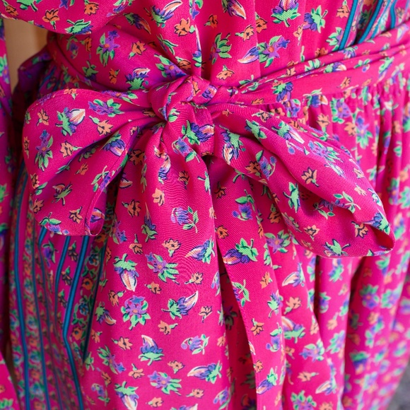 Vintage I. Magnin 100% Silk Fuchsia Long Sleeve Floral Boho Midi Dress Size L - Picture 4 of 17